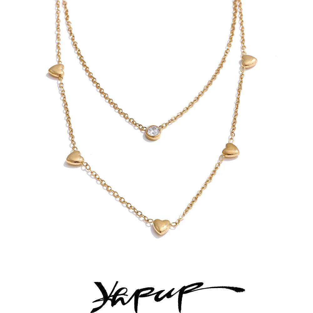 Colar Feminino de Camadas Coração com Zircônia em Aço Inoxidável