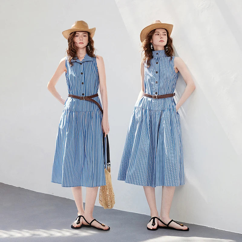 Vestido Midi Listrado Sem Manga