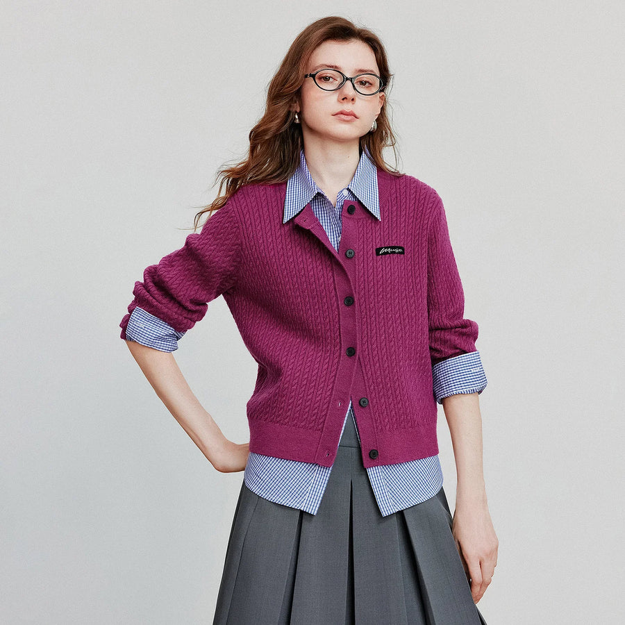 Cardigan Feminino de Tricô Trançado Estilo College