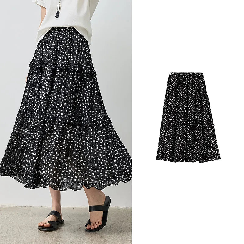 Saia Midi Feminina Floral em Camadas Patchwork