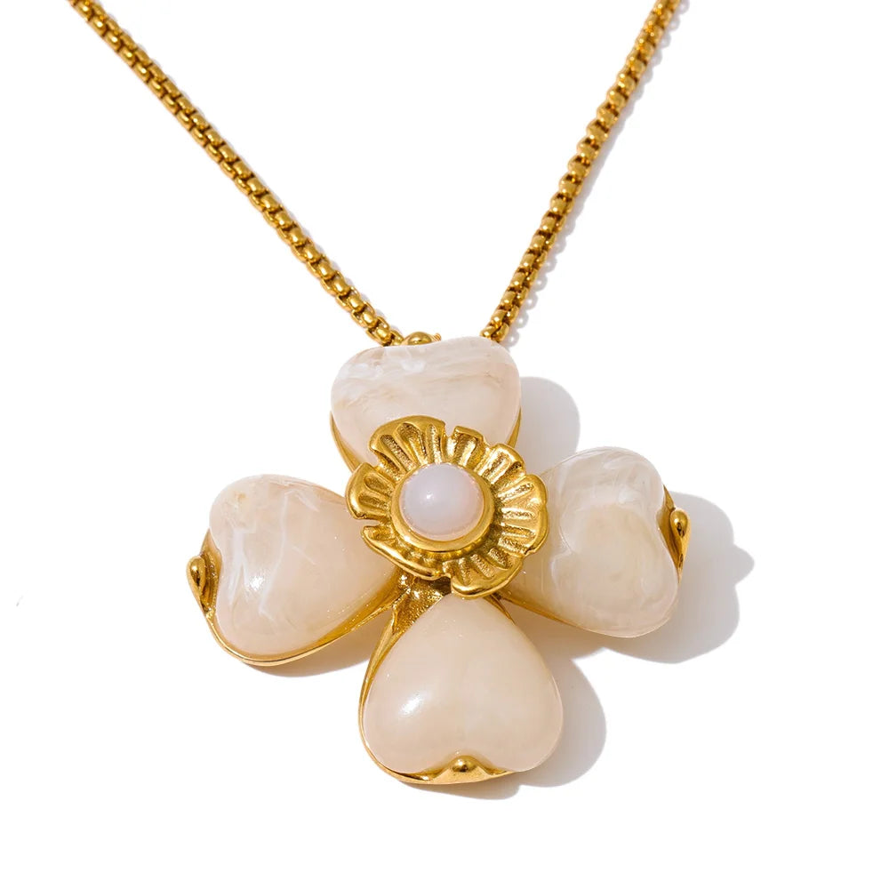 Yhpup Acrylic Fashion Flower Pendant Necklace Adjustable Ring Earrings Set 2025 Stainless Steel Trendy Jewelry Gift Multi-color Necklace Beige
