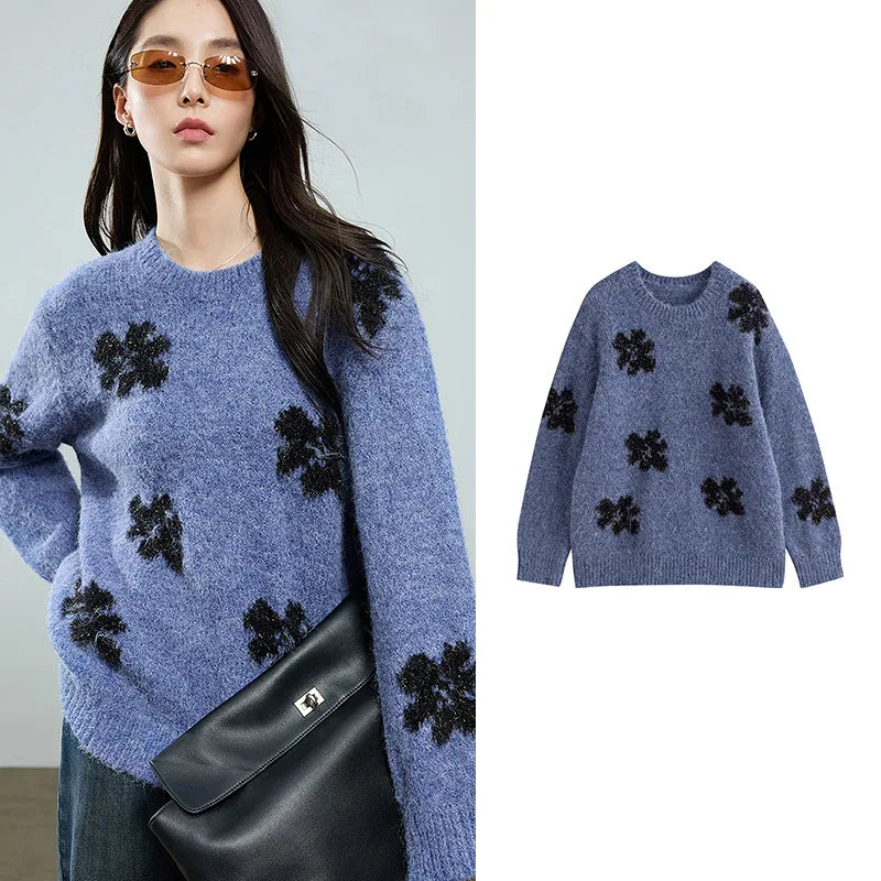 Suéter com Jacquard Floral e Gola Redonda