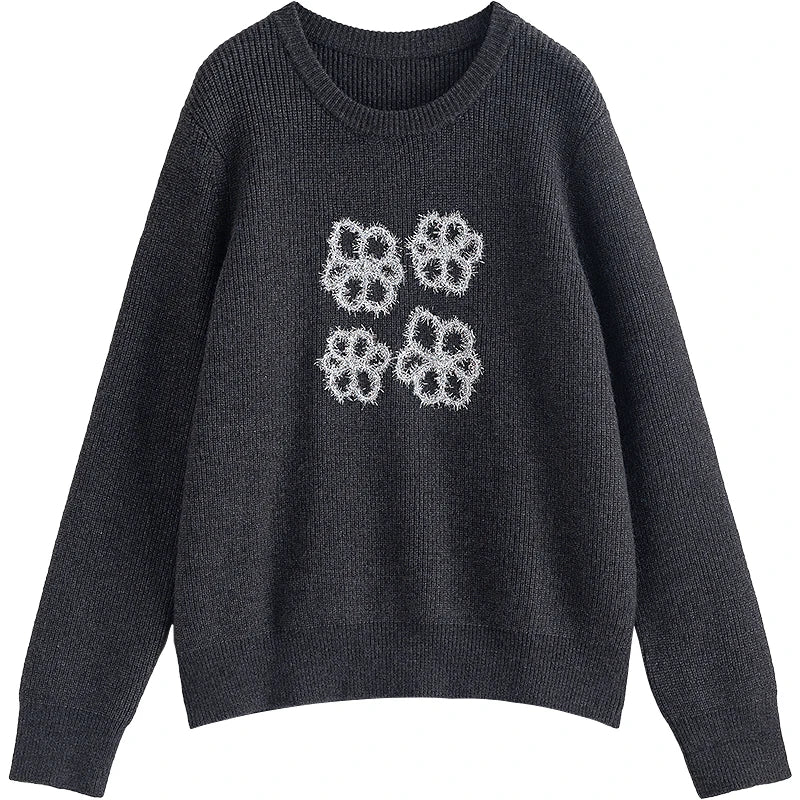 Suéter Preto e Cinza com Lurex e Jacquard Floral