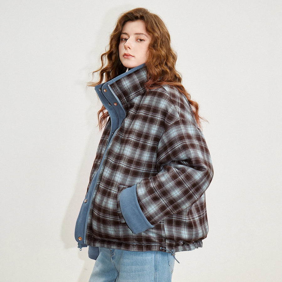 Jaqueta Puffer Feminina 90% Plumas Xadrez e Cotelê