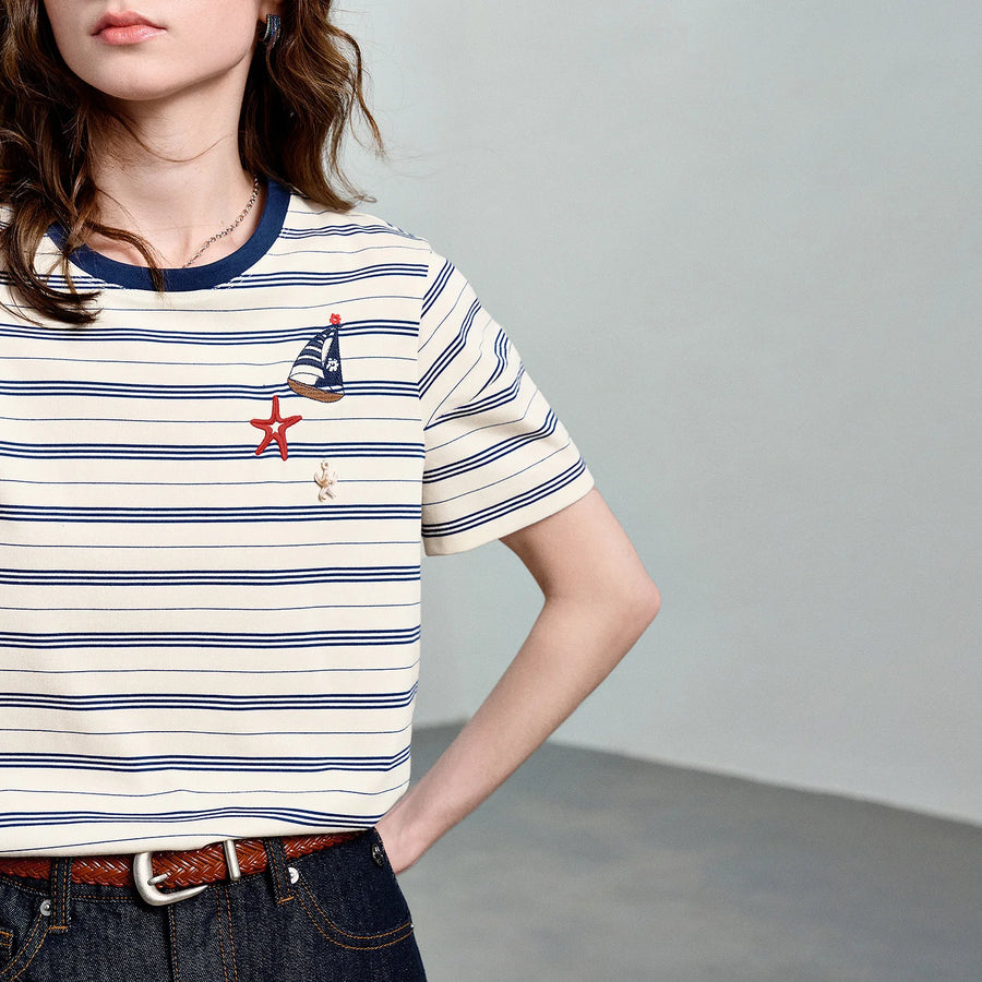 TOYOUTH Women's Nautical Stripe T-Shirt 2026 Summer New Sailboat Starfish Embroidery Classic Fit Pullover Tee