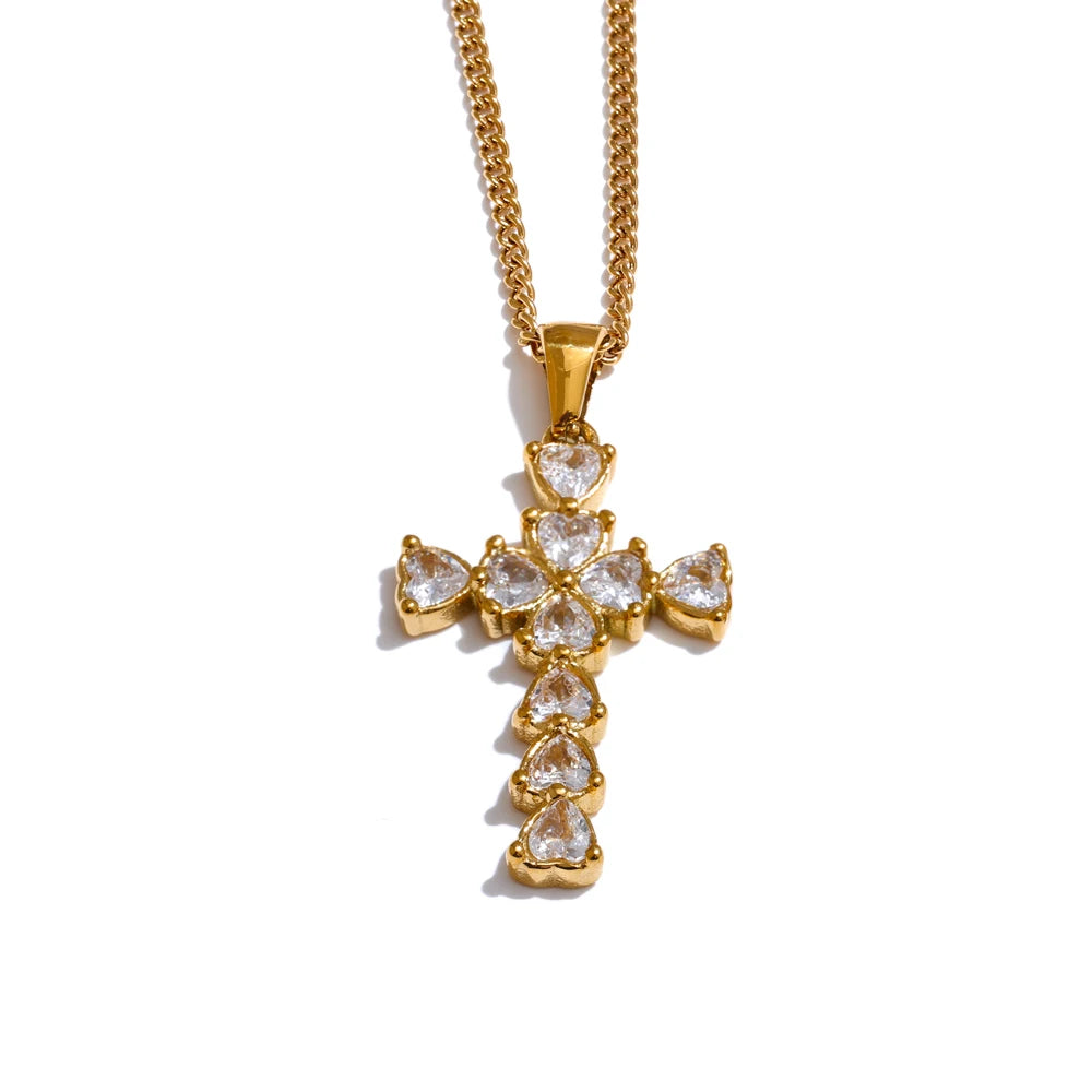 Colar Feminino Cruz com Zircônia em Aço Inoxidável 2 Heart Cross