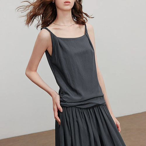 Vestido Midi de Viscose com Decote Quadrado e Pregas
