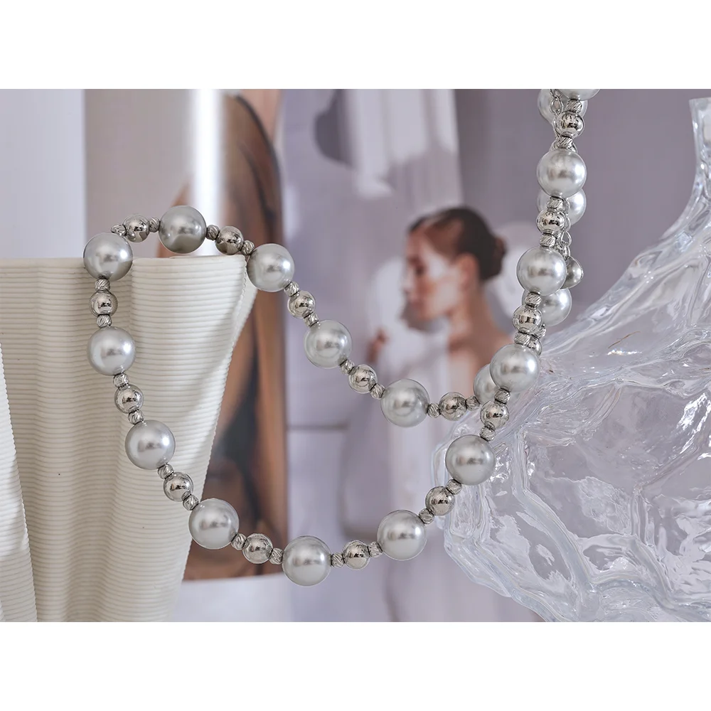 Yhpup Grey Imitation Pearl Beads Handmade Chain Stainless Steel Collar Necklace Fashion Temperament Charm Women Jewelry Gala