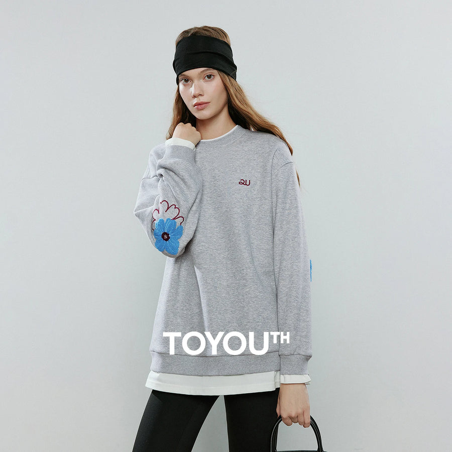 TOYOUTH Women Hoodies 2025 Winter NewAsymmetric Fleece-Lined Warm Contrast Color Spliced Fake Two-Piece Flower Niche Top