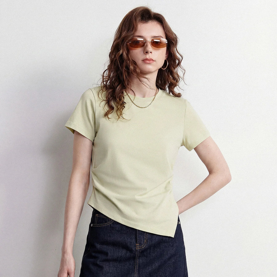 Camiseta Feminina de Algodão com Cintura Franzida Assimétrica
