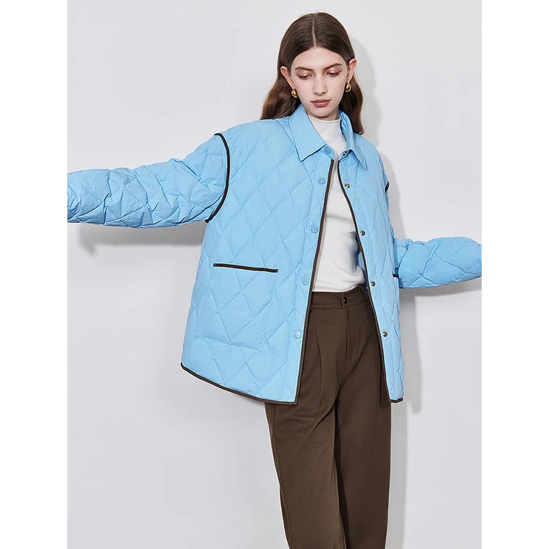 Jaqueta Puffer Feminina Leve 90% Plumas com Gola Lapela