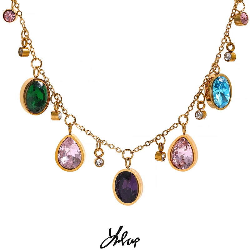 Colar Feminino Gota com Zircônias Coloridas em Aço Inoxidável 3