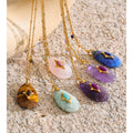 Yhpup 32mm Natural Stone Amazonite Tiger Aventurine Amethyst Drop Pendant Necklace for Women Stainless Steel France Jewelry Gift