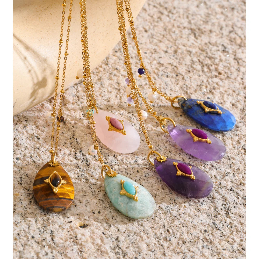 Yhpup 32mm Natural Stone Amazonite Tiger Aventurine Amethyst Drop Pendant Necklace for Women Stainless Steel France Jewelry Gift