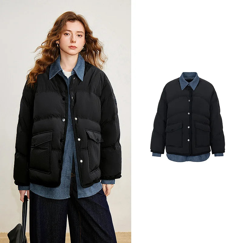 Jaqueta Puffer Feminina 90% Plumas Efeito Duas Peças black
