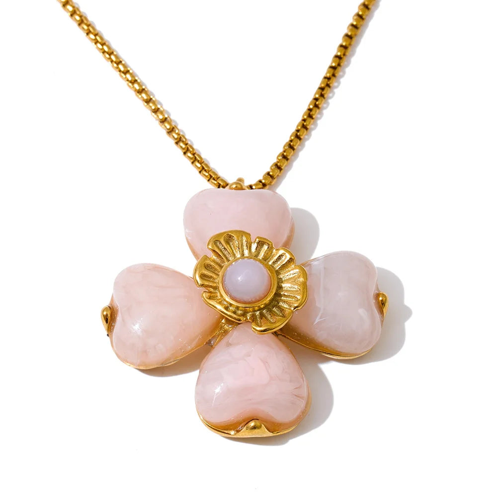 Yhpup Acrylic Fashion Flower Pendant Necklace Adjustable Ring Earrings Set 2025 Stainless Steel Trendy Jewelry Gift Multi-color Necklace Pink