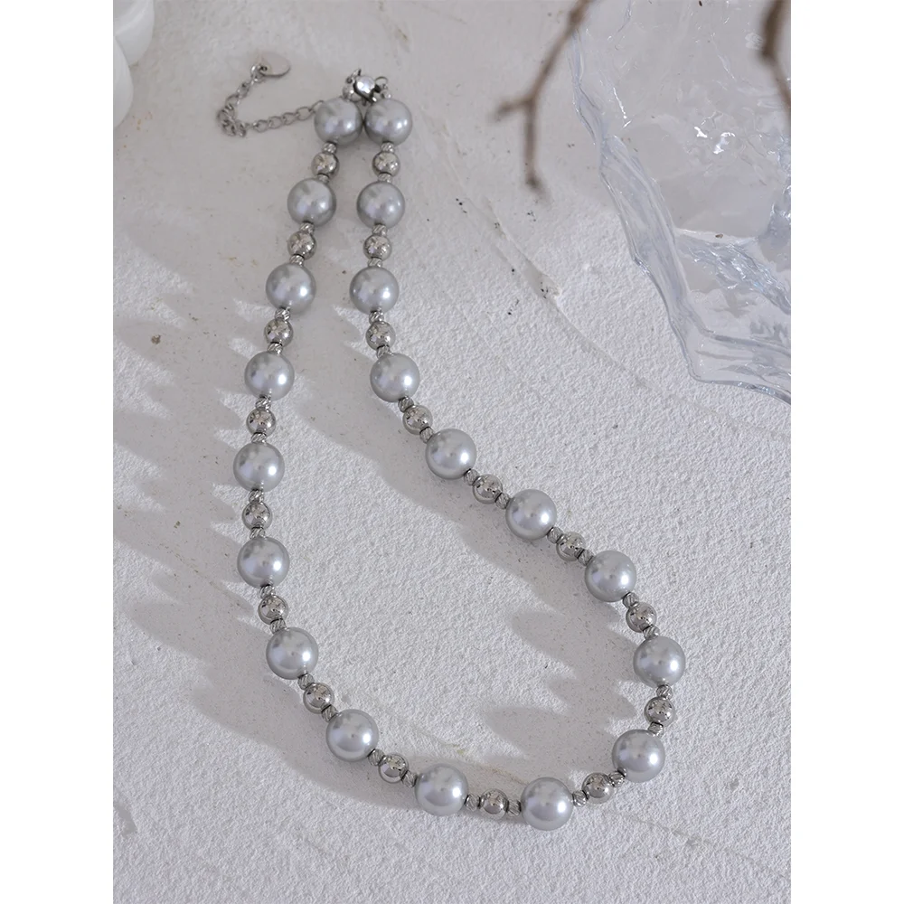 Yhpup Grey Imitation Pearl Beads Handmade Chain Stainless Steel Collar Necklace Fashion Temperament Charm Women Jewelry Gala