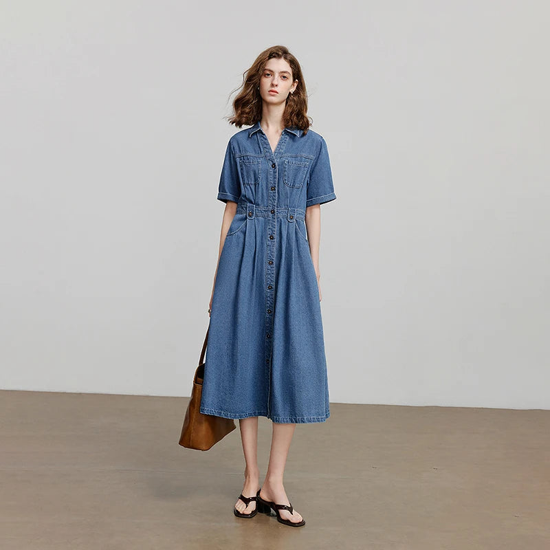 Vestido Chemise Midi Jeans com Bolsos