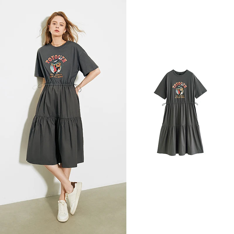 Vestido Camiseta Midi com Estampa e Ajuste por Cordão Dark Green