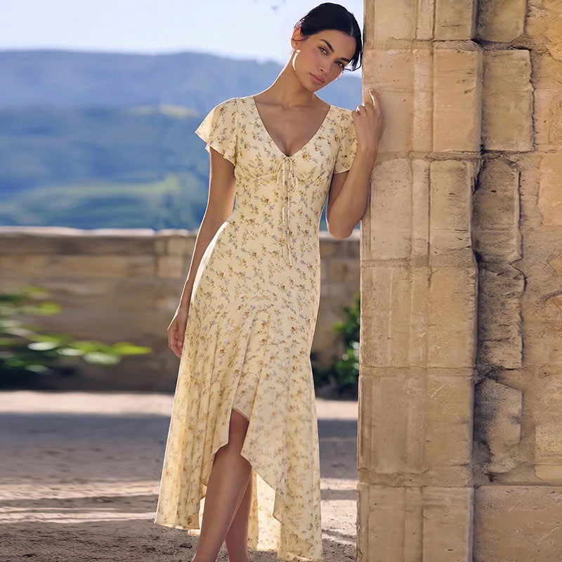 Vestido Longo Feminino Floral com Babados e Saia Sereia