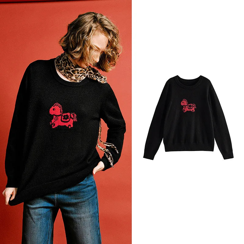 Suéter Feminino Jacquard de Cavalo com Gola Redonda