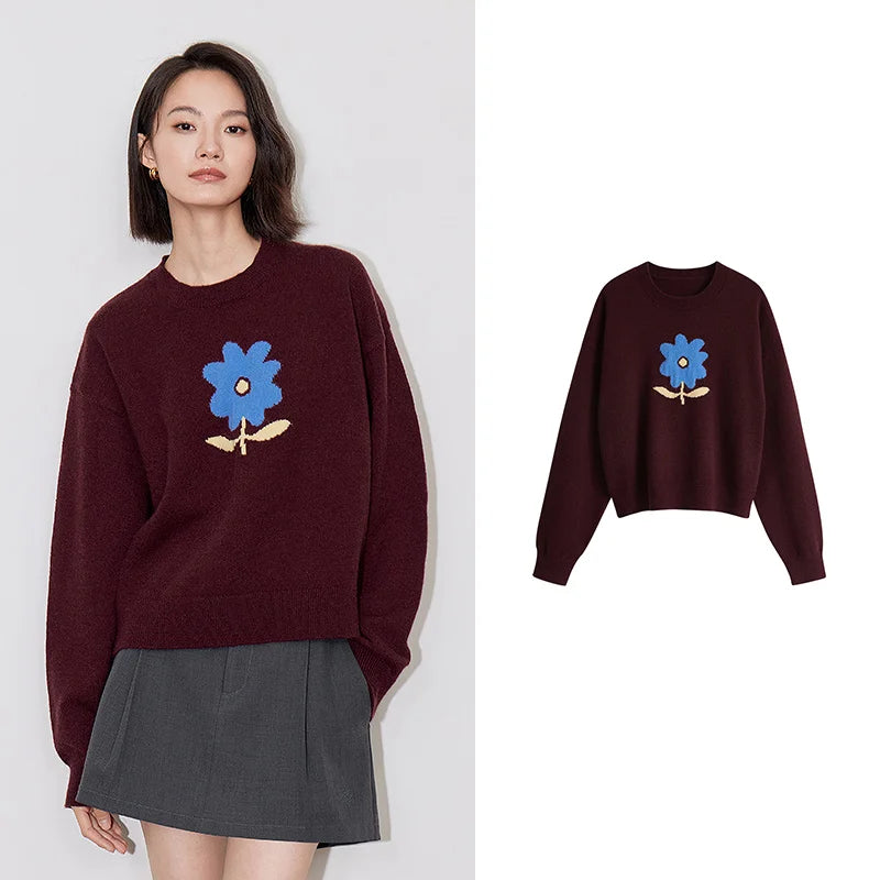 Suéter Feminino Floral Jacquard Grosso para Inverno