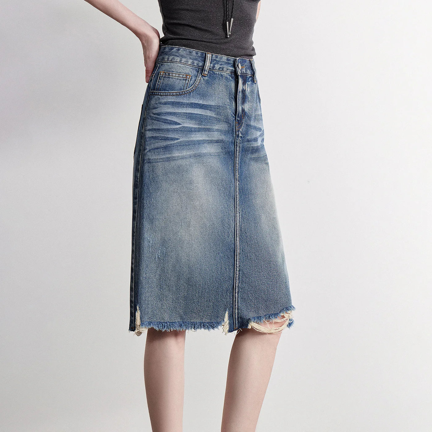 Saia Jeans Midi Feminina com Bolsos Reta