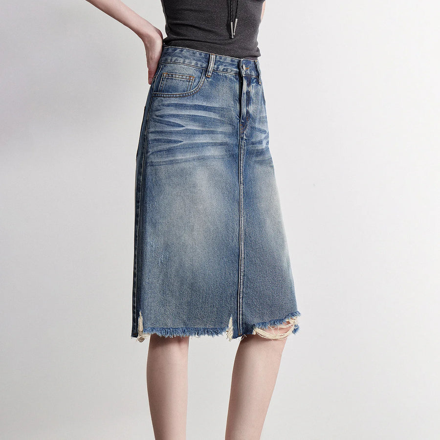 Saia Jeans Midi Feminina com Bolsos Reta