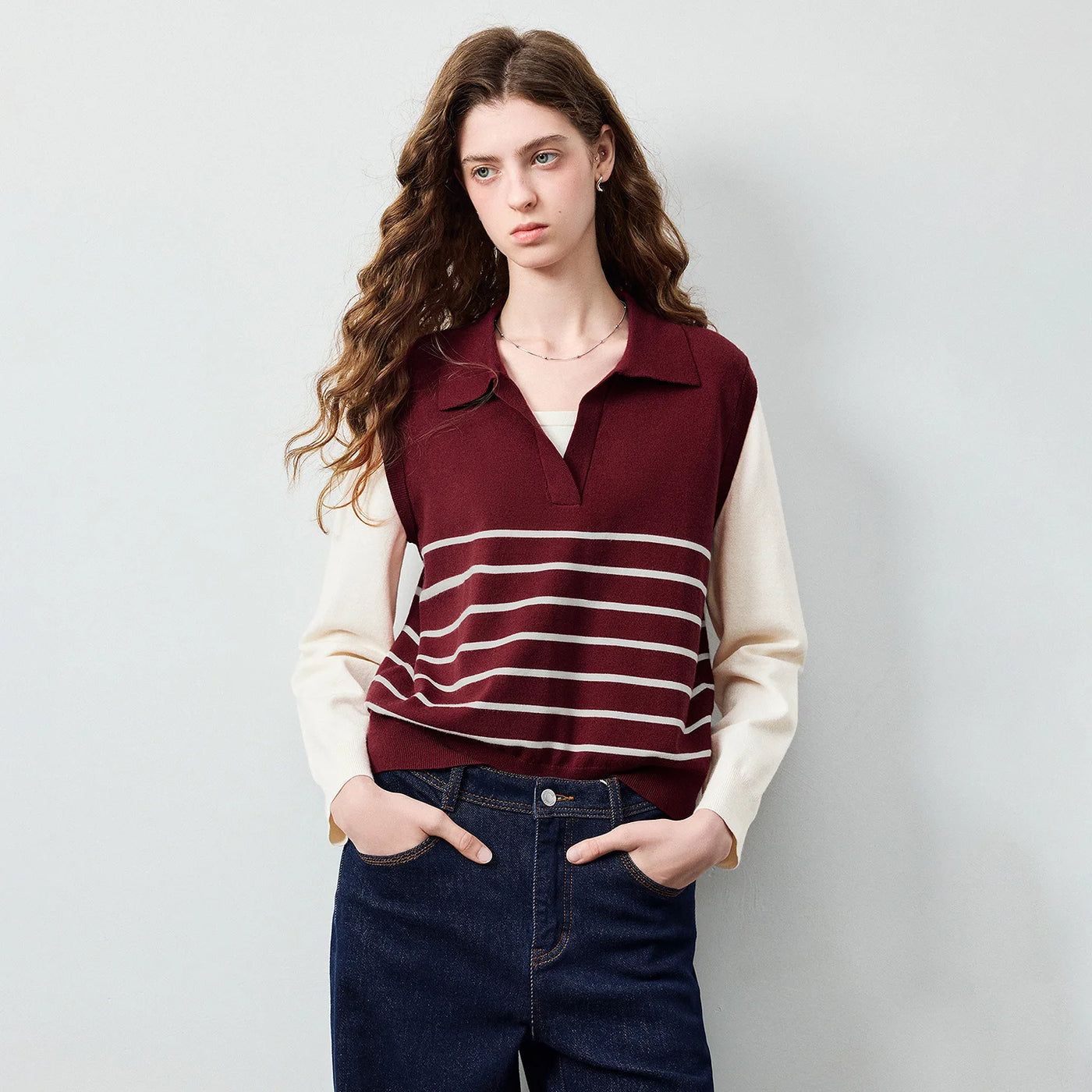 Blusa Feminina de Tricô Listrada Efeito Duas Peças