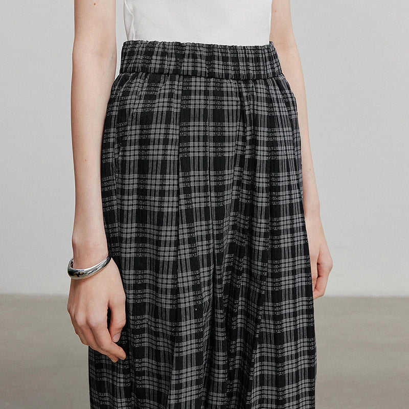 Calça Wide Leg Feminina Xadrez com Cós Elástico
