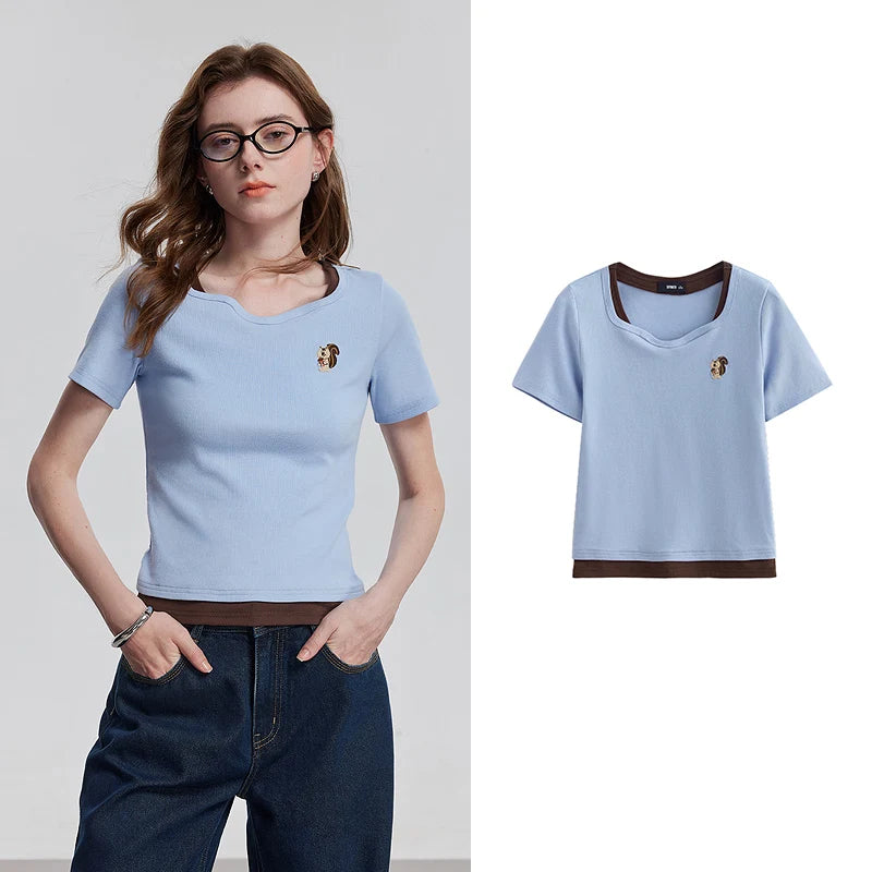 Camiseta Feminina Efeito Duas Peças Manga Curta