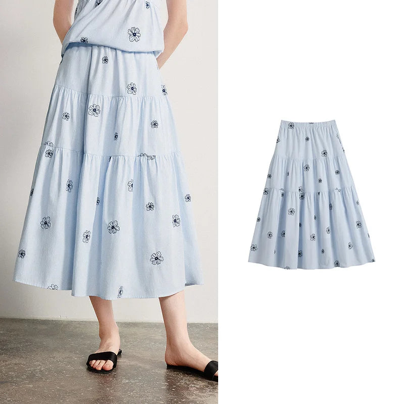 Saia Longa Feminina Floral em Camadas