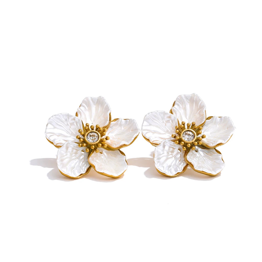 Brinco Flor com Resina Aço Inoxidável Ouro de Pino Único