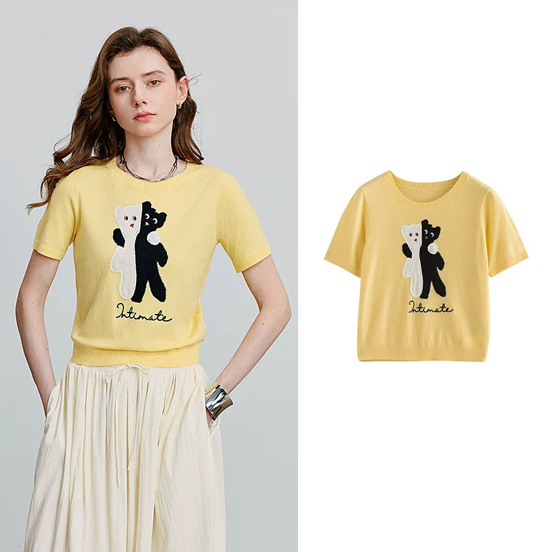 Blusa de Tricô Manga Curta com Bordado Divertido