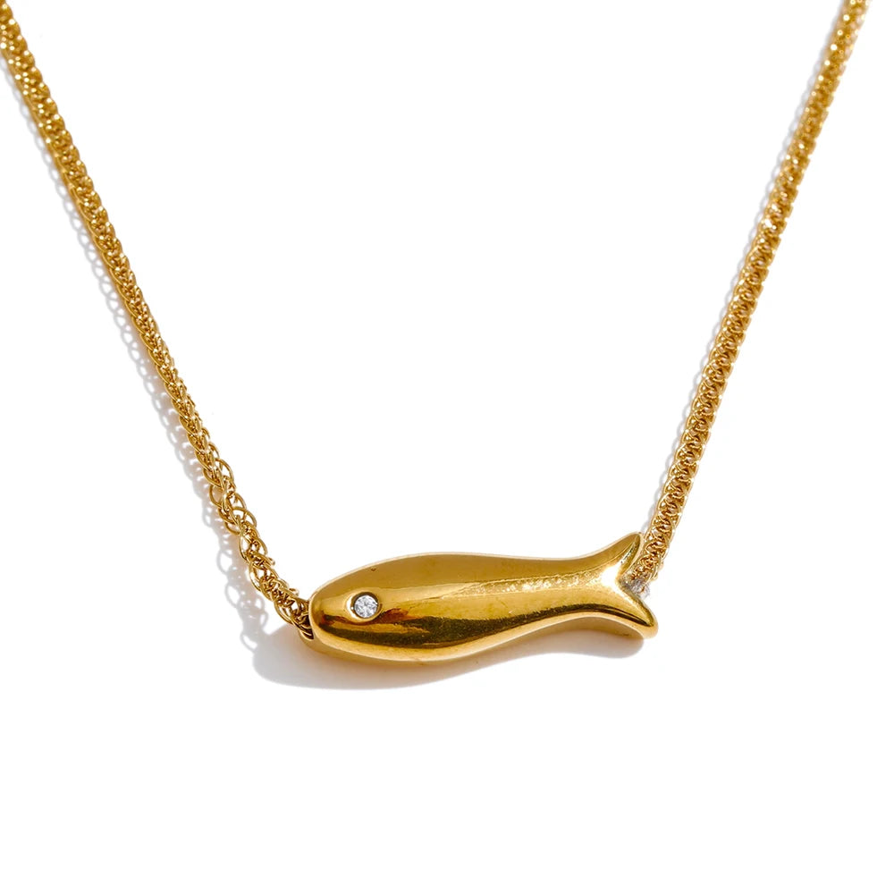 Yhpup Chic Stainless Steel Zircon Fish Pendant Necklace Gold & Platinum PVD Plated Waterproof Exquisite Jewelry Gift for Women YH800A Gold