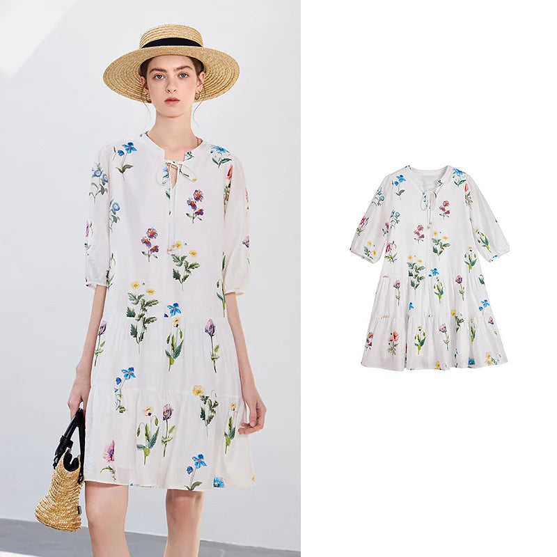 Vestido Curto Floral de Liocel e Linho com Manga Bufante White