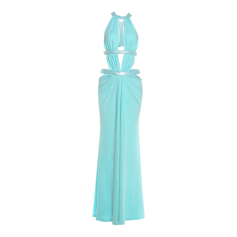 Vestido Midi Feminino Azul Céu com Brilho e Recortes Sky Blue