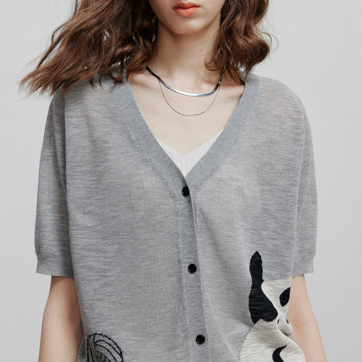 Blusa Feminina de Tricô Jacquard Gato com Decote V