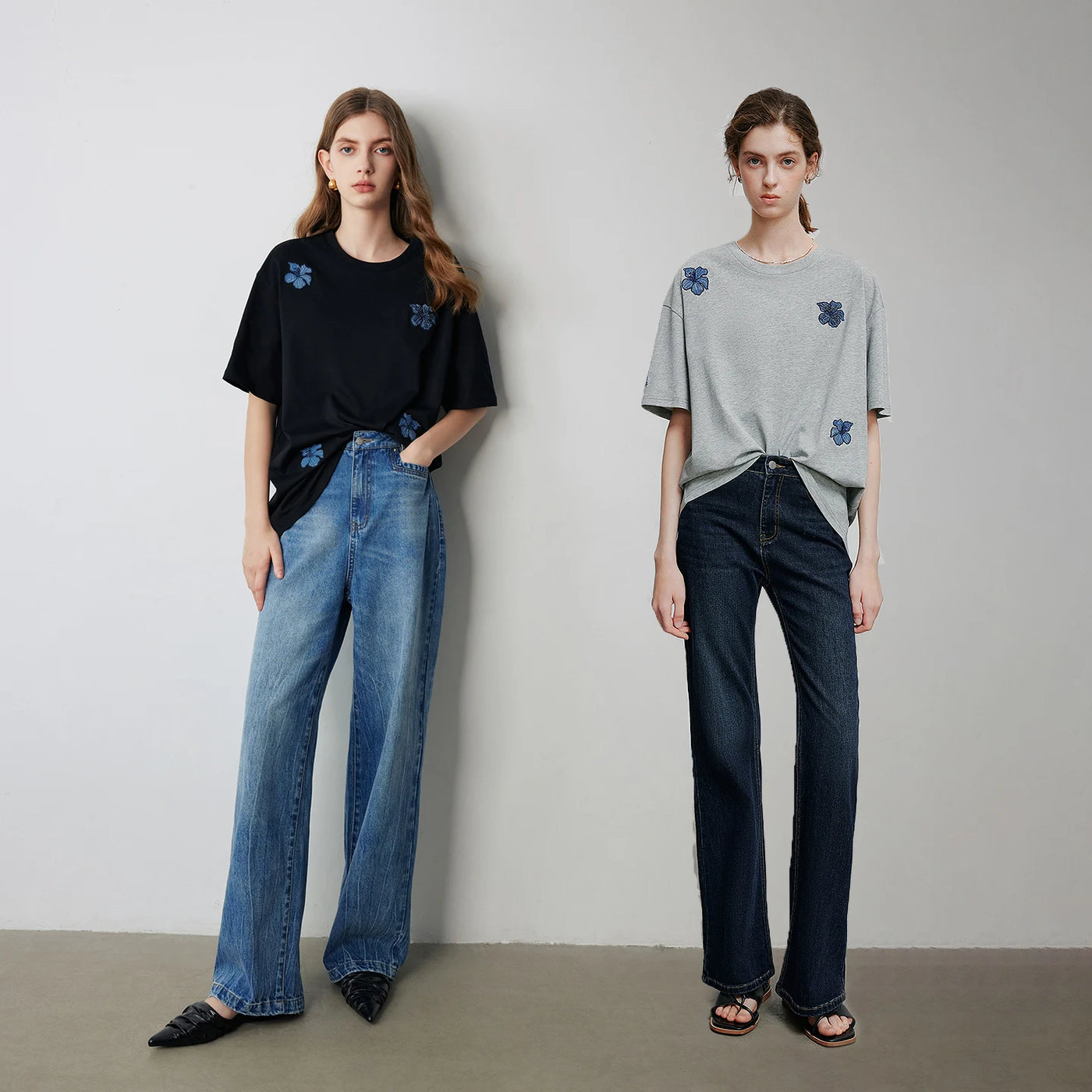Camiseta Feminina de Algodão com Bordado Floral Jeans