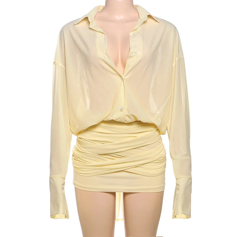 Vestido Camisa Feminino Curto Transparente com Franzidos yellow
