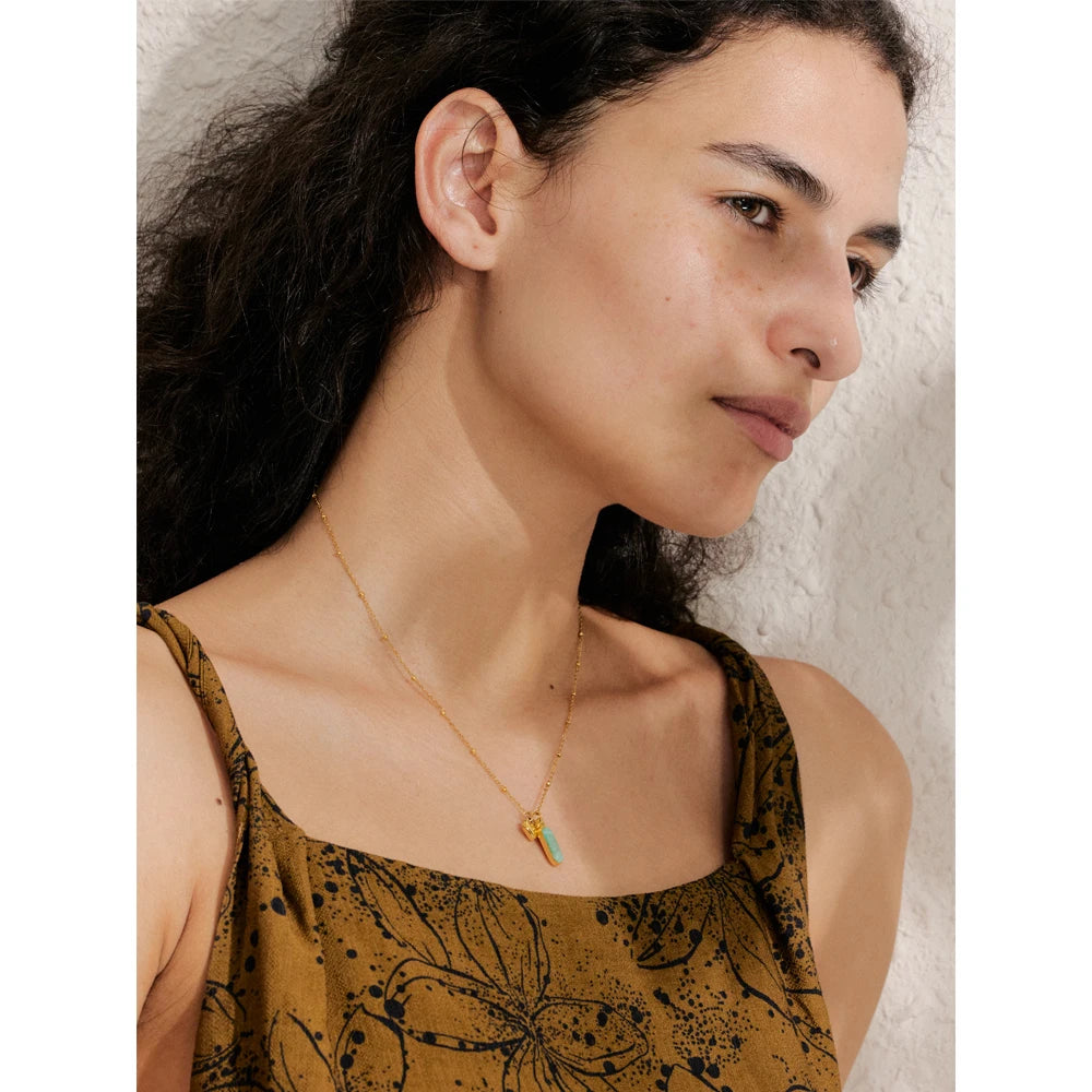 Yhpup Popular Natural Amazonite Stone Heart Oval Drop Necklace Women Stainless Steel Polished Waterproof Fashion Jewelry Gift