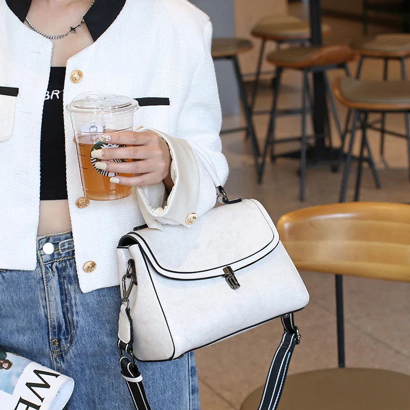 Bolsa Transversal Feminina Vintage de Couro Legítimo Café Minimalista Quadrada
