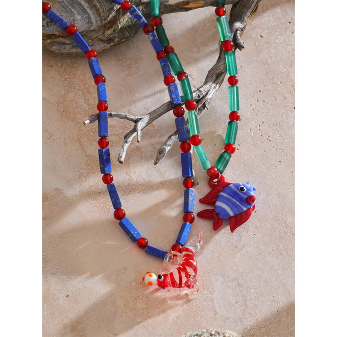 Yhpup Ocean Style Glazed Sea Lion Fish Pendant Necklace High Quality Natural Stone Chain Handmade Jewellery Waterproof Gift