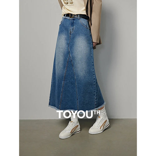 Saia Jeans Midi Feminina com Bolsos Evasê de Algodão