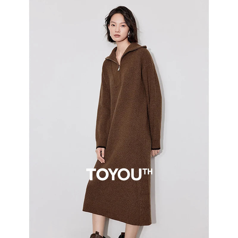 Vestido de Malha Midi Marrom com Zíper