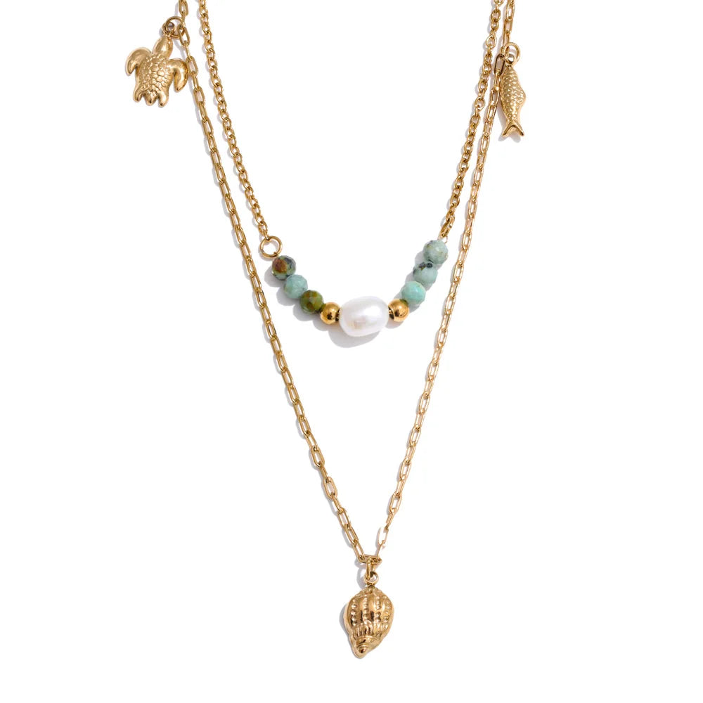 Colar Feminino de Camadas Gota com Pérola em Aço 316L YH4536A Gold