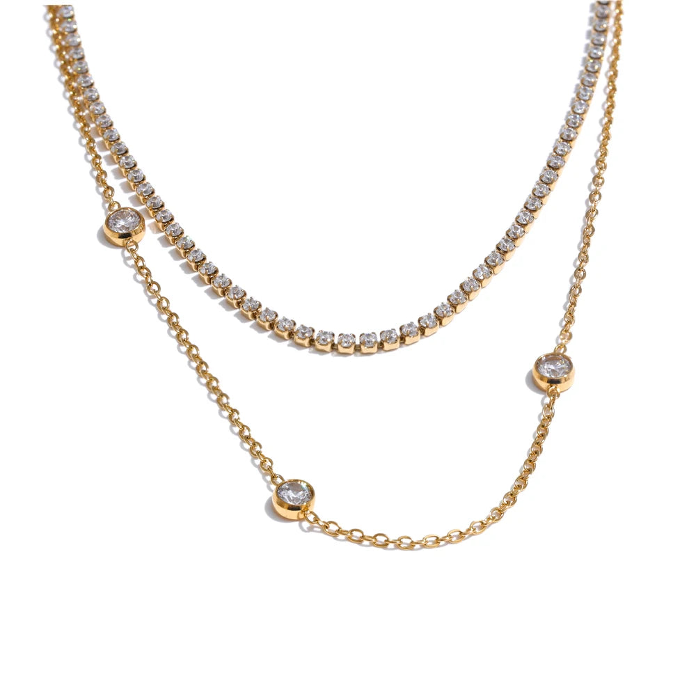 Yhpup New Arrivals Stainless Steel Double Layer Cubic Zirconia Chain Necklace for Women Temperament Delicate Premium Jewelry YH4957A Gold