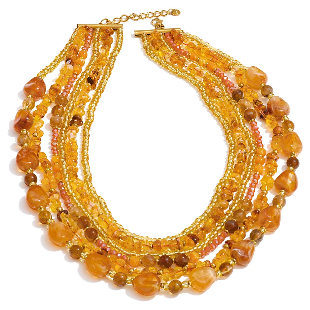 Yhpup Waterproof 2025 Handmade Beads Bohemia Jewelry Autumn Winter Stainless Steel Layered Resin Chain Bib Statement Necklace Necklace Champagne