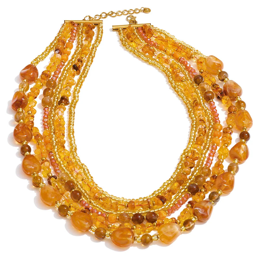 Yhpup Waterproof 2025 Handmade Beads Bohemia Jewelry Autumn Winter Stainless Steel Layered Resin Chain Bib Statement Necklace Necklace Champagne