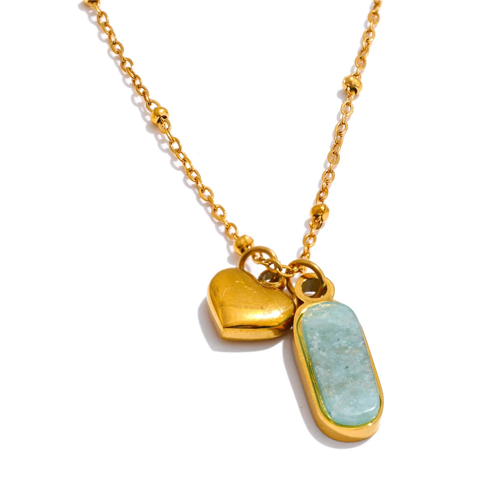 Yhpup Popular Natural Amazonite Stone Heart Oval Drop Necklace Women Stainless Steel Polished Waterproof Fashion Jewelry Gift YH5381A Gold